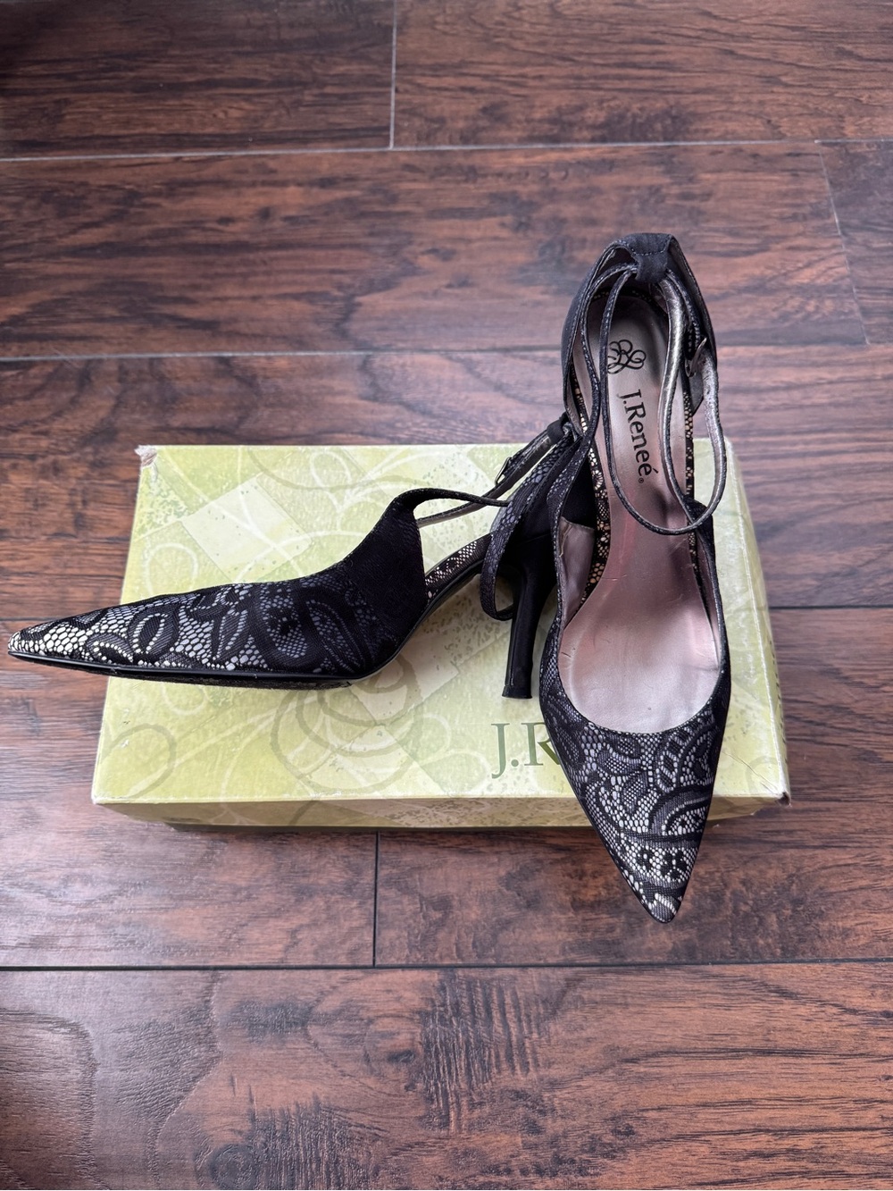 J.Renee Black Lace Pointed Toe Kitten Heels